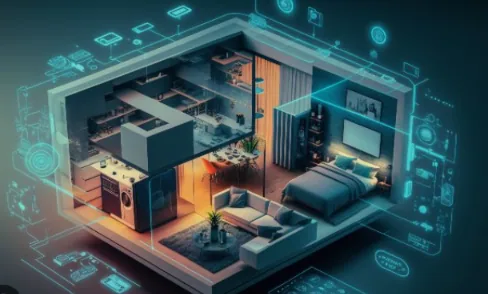 Casa pronta em corte isométrico com dispositivos conectados