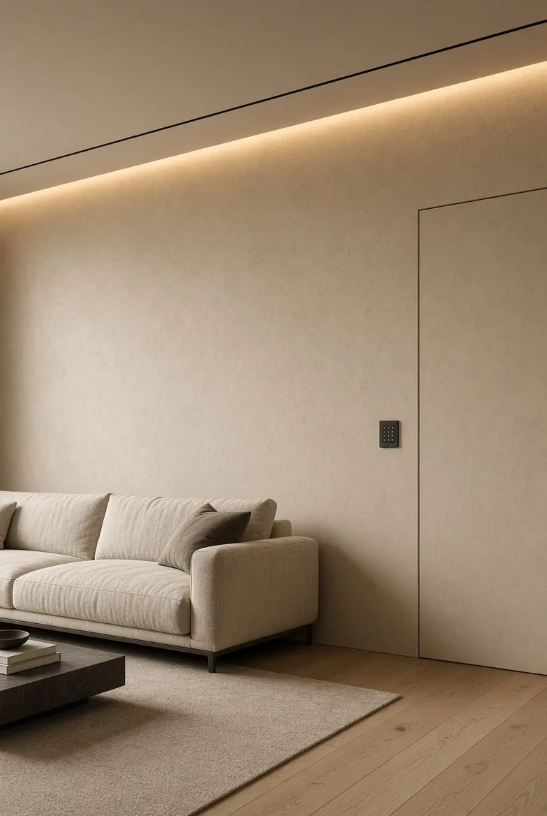 Sala com rasgo de luz linear no teto e keypad embutido na parede
