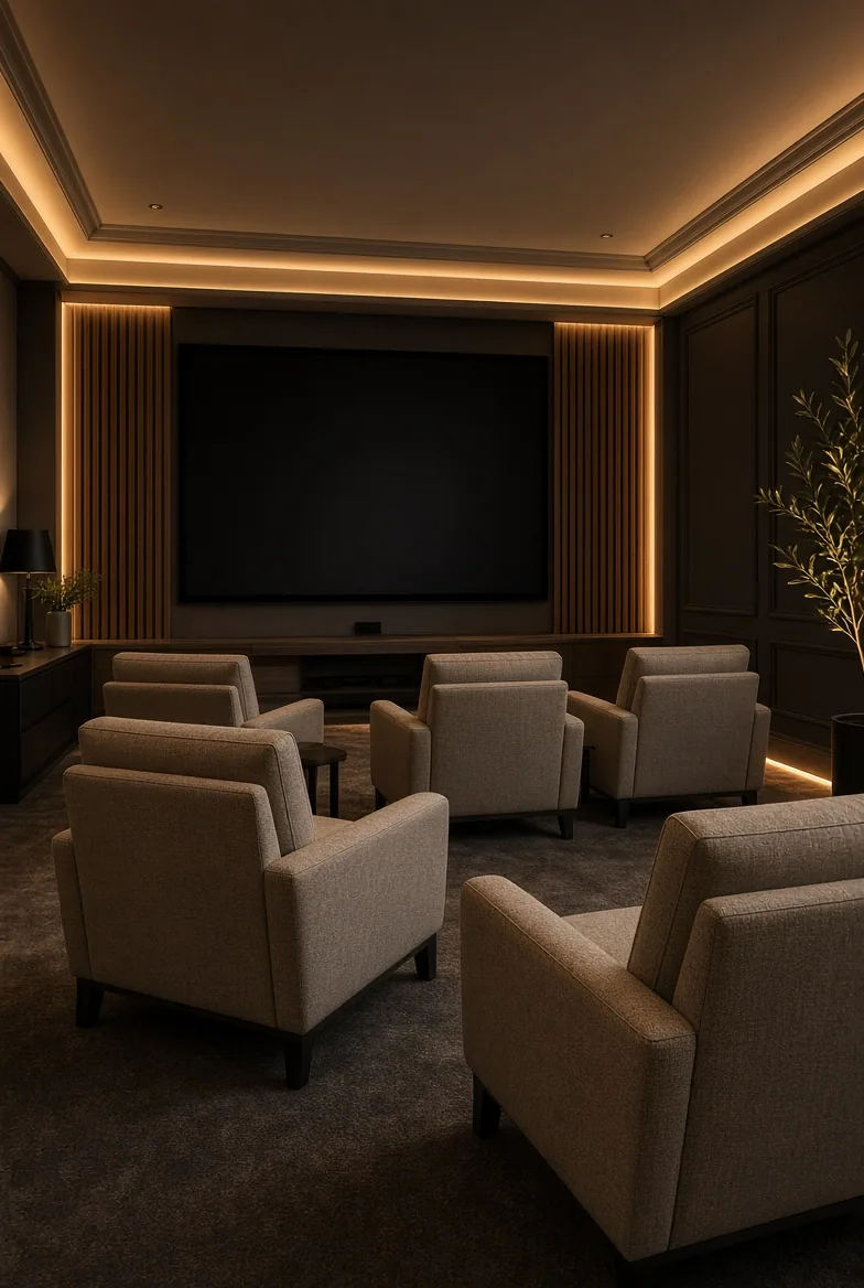 Home theater com iluminação indireta âmbar