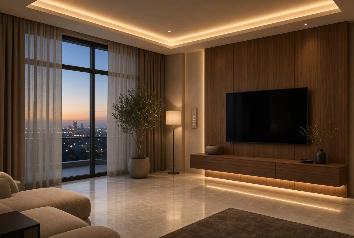 Sala moderna ao anoitecer com sanca iluminada, cortinas e teclado de automação na parede