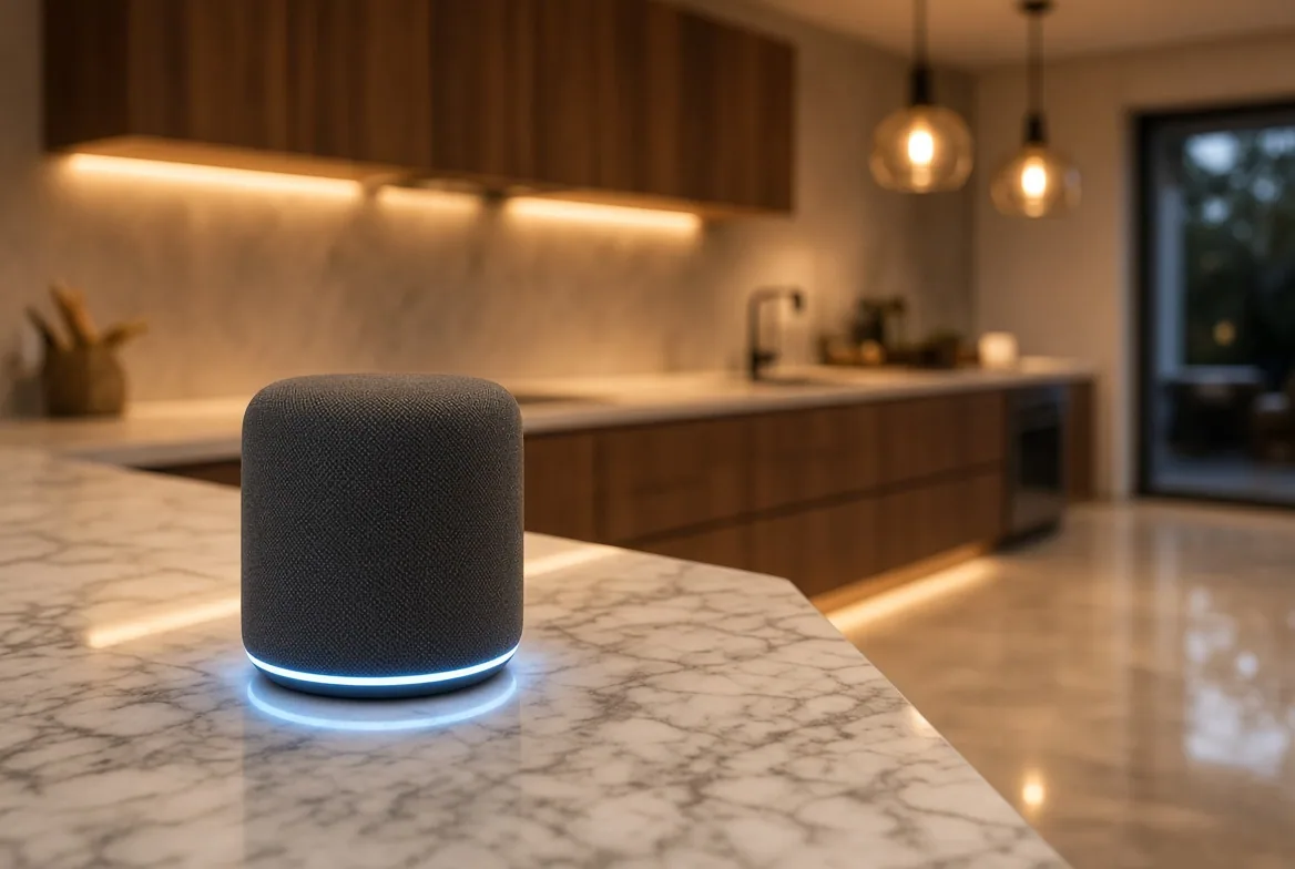 Smart speaker sobre bancada de mármore em cozinha iluminada