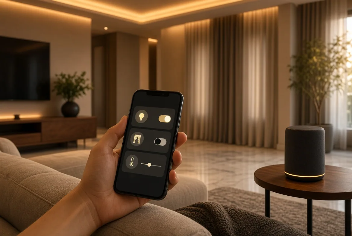 Mão segurando celular com app de automação em sala com smart speaker