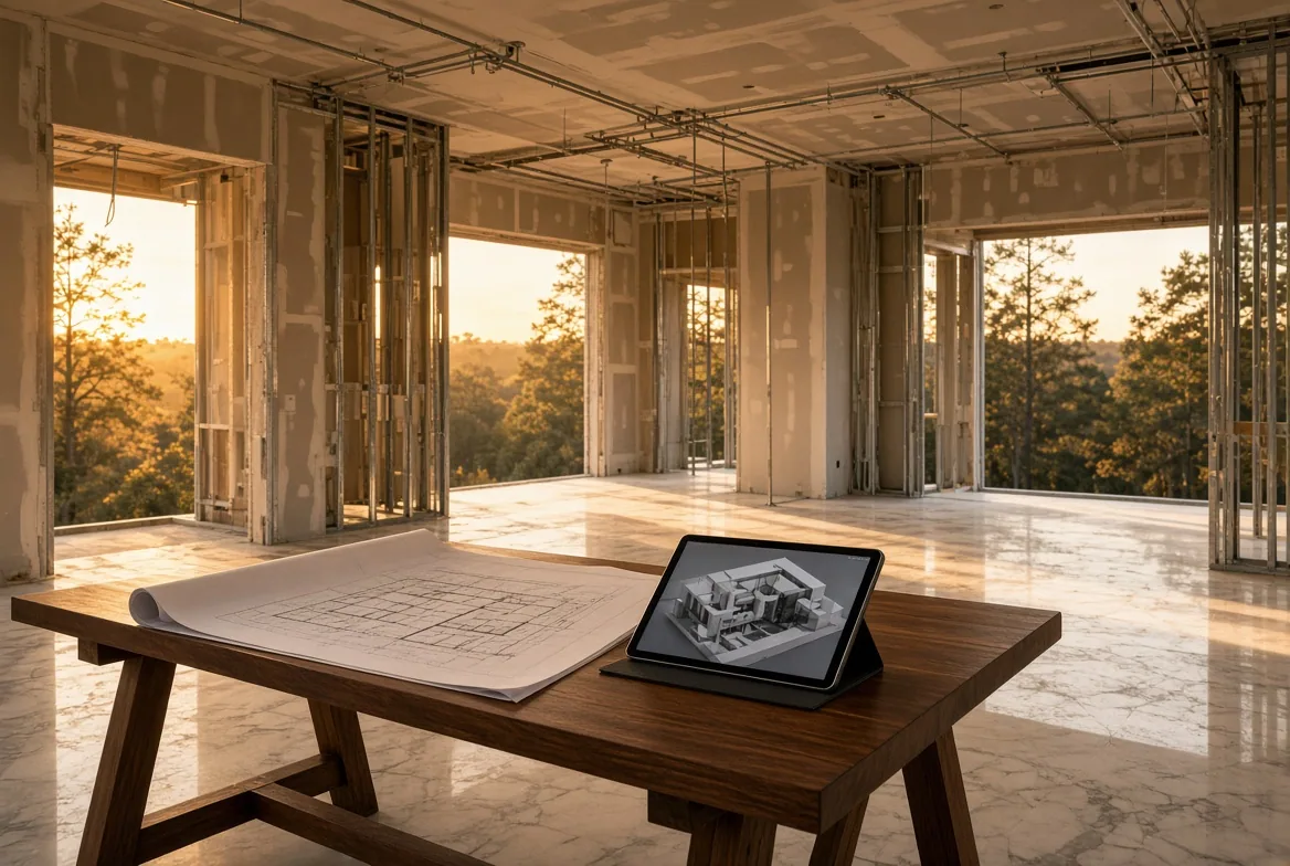 Casa em obra com tubulações organizadas, planta e tablet sobre a mesa