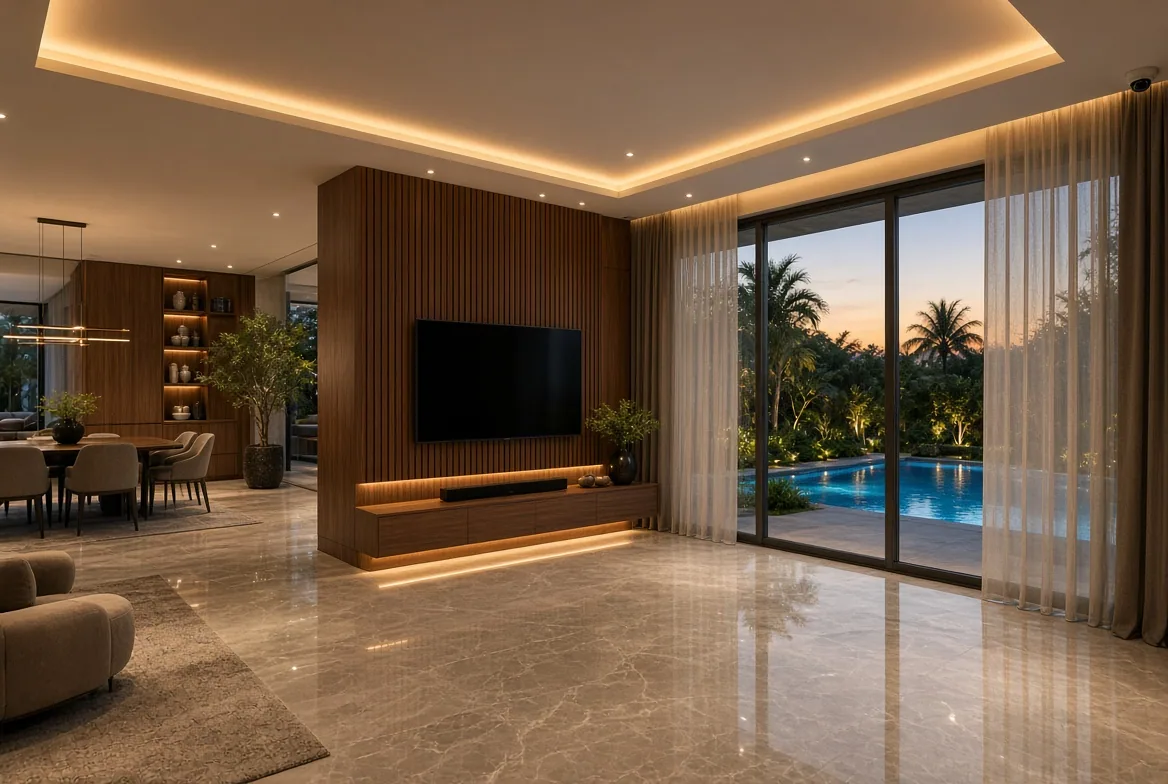 Casa integrada com iluminação, cortinas, TV, câmera e piscina iluminada