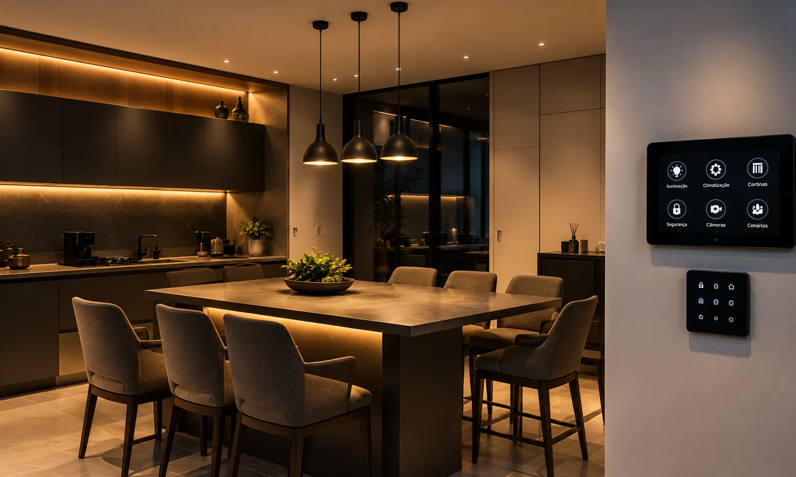 Cozinha do showroom com painel de automação na parede