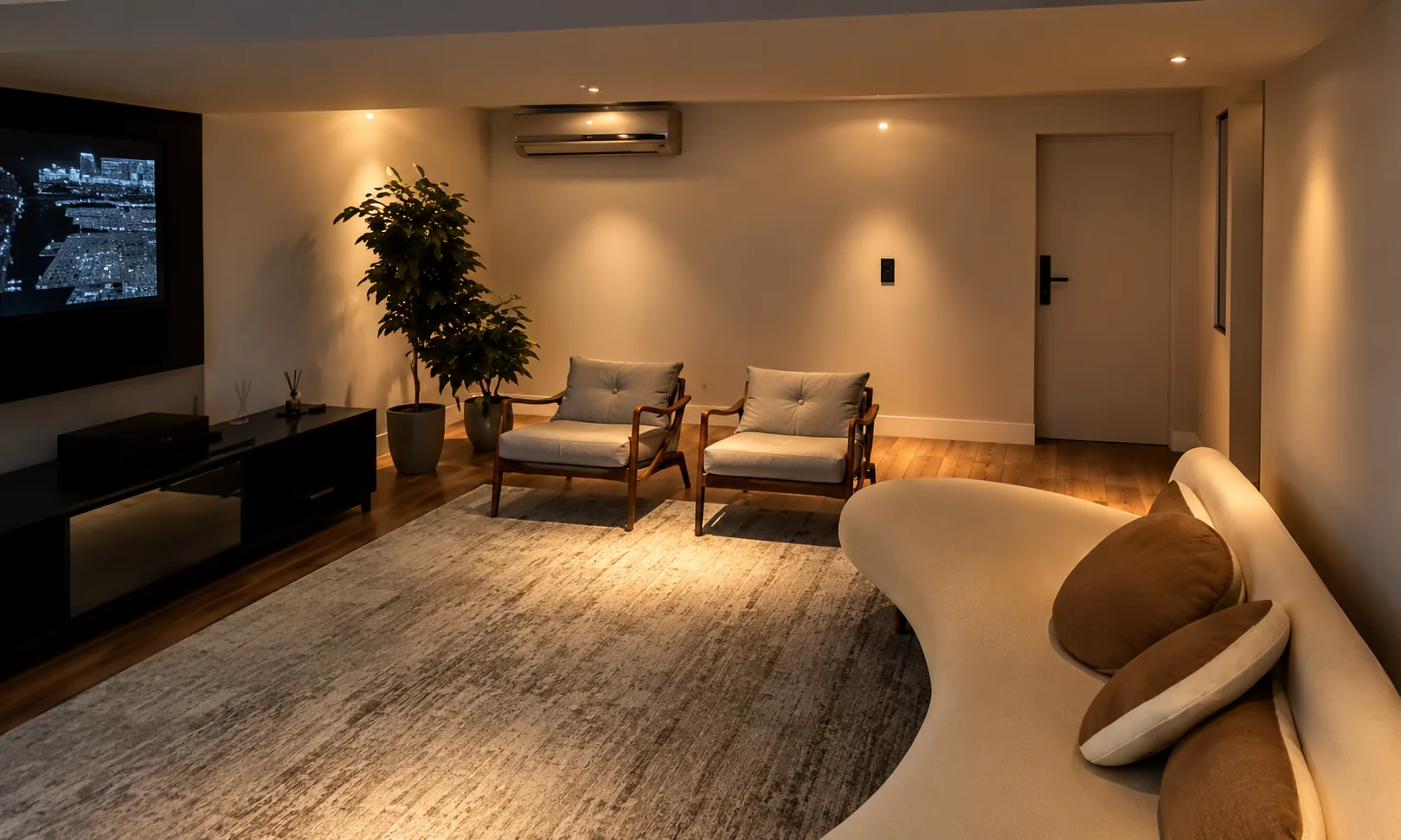 Sala de estar do showroom da SmartHouse com iluminação indireta